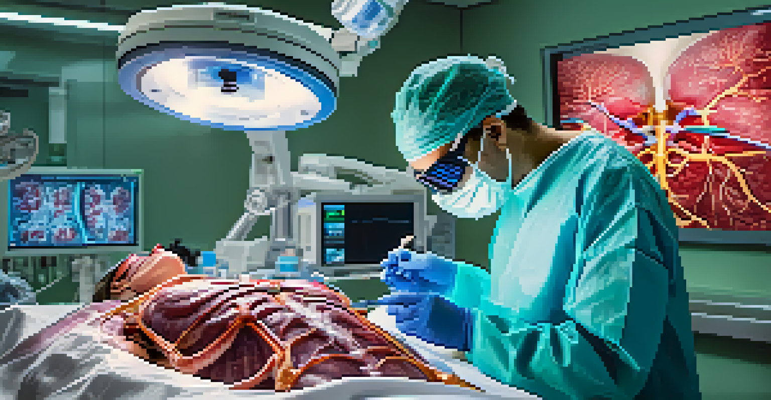 A surgeon utilizing augmented reality glasses to visualize a patient's anatomy during surgery, with 3D images overlaying the surgical field.