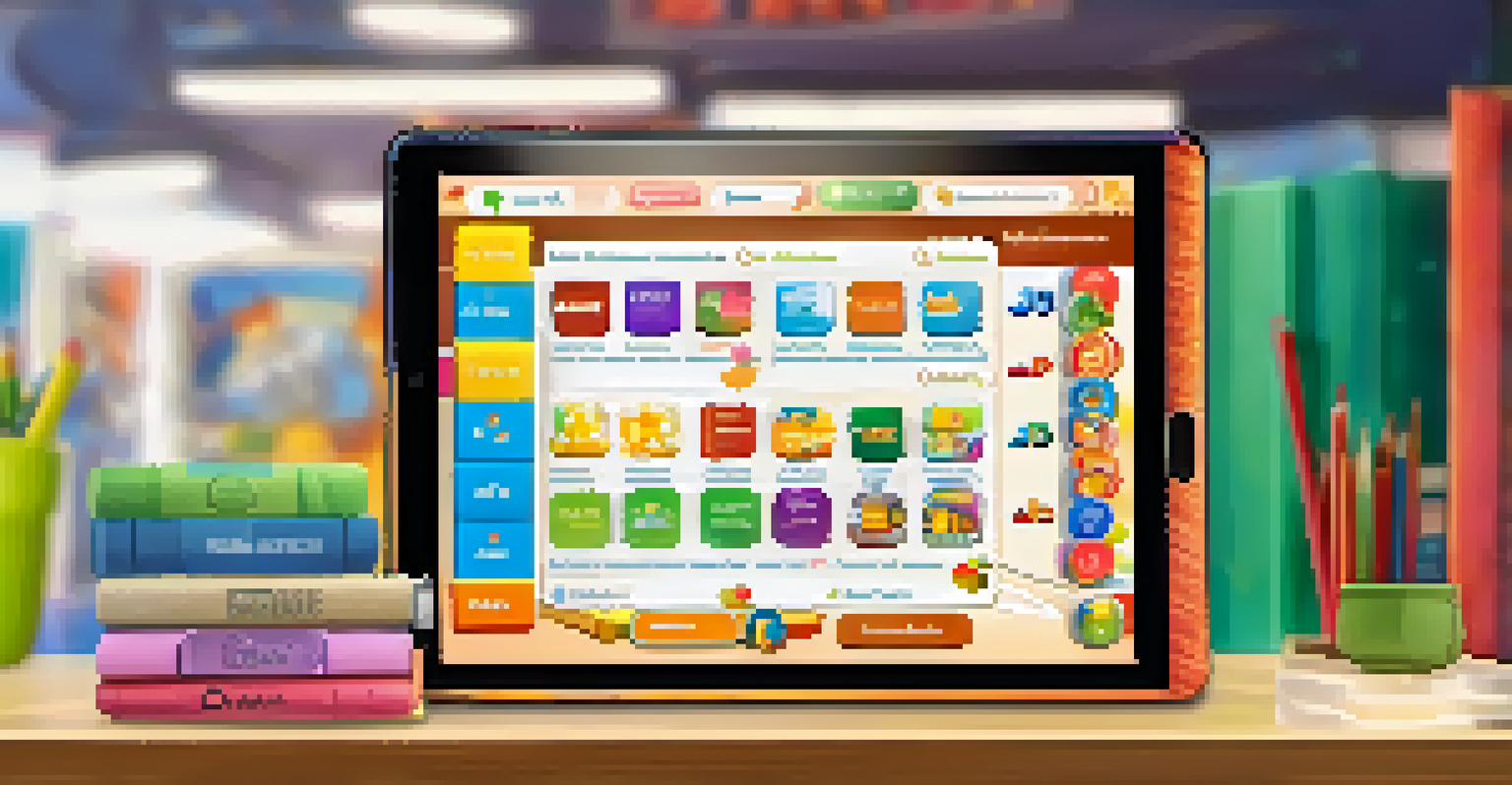 A close-up of a tablet showing a gamified language learning app with colorful graphics and interactive challenges, set in a cozy study environment.
