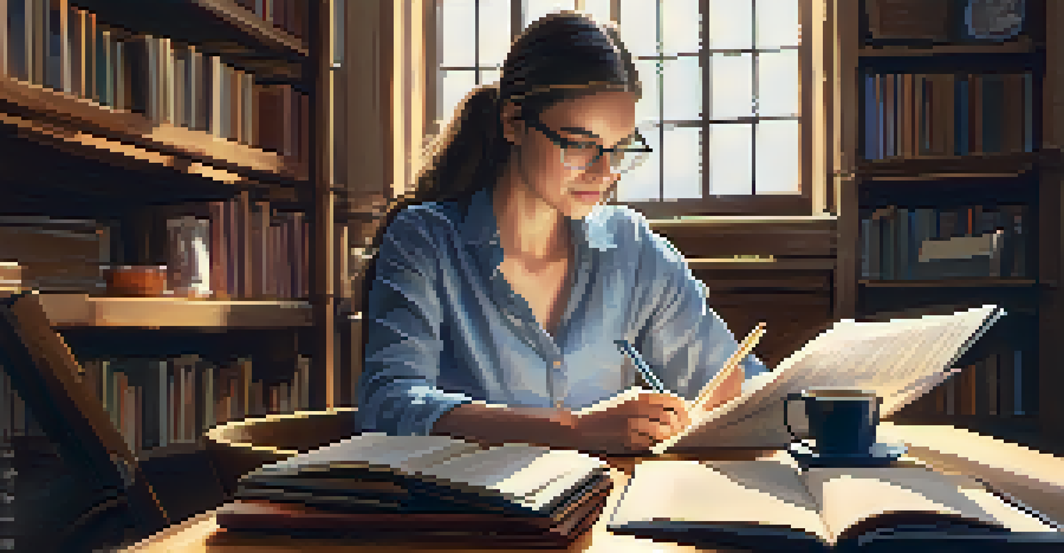 A close-up of an adult learner studying with a tablet at a wooden table, surrounded by books and notes, in a cozy ambient light.
