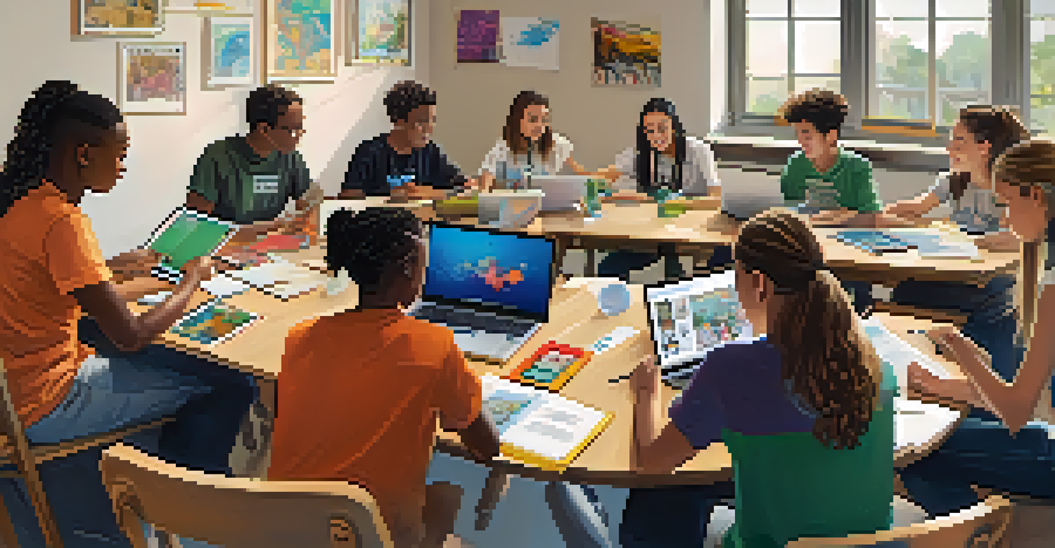 A group of students working together in a bright room, surrounded by educational materials and inspirational decorations.