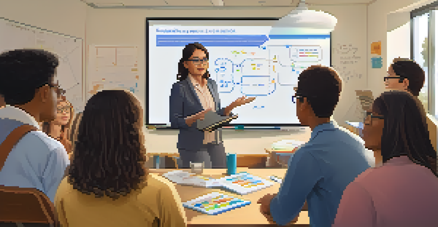 A teacher explaining AI concepts to curious students using a digital whiteboard in a warm classroom setting.