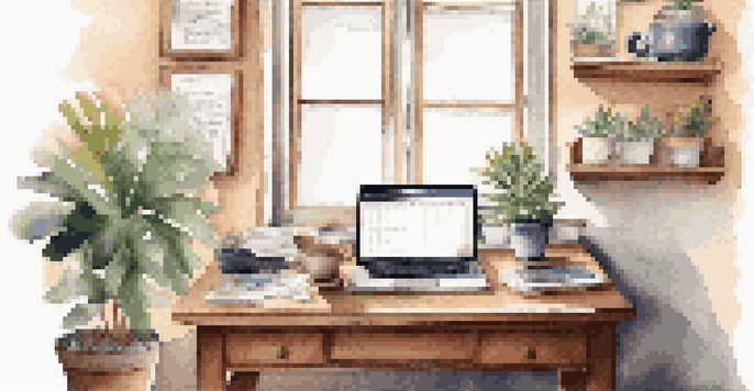 A warm and inviting home office with a wooden desk, laptop, coffee cup, and a potted plant, illuminated by soft natural light.