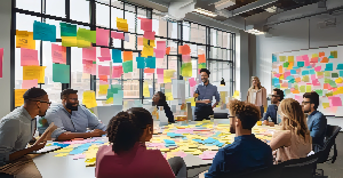 A diverse group of people in a bright office brainstorming around a table covered with sticky notes and sketches.