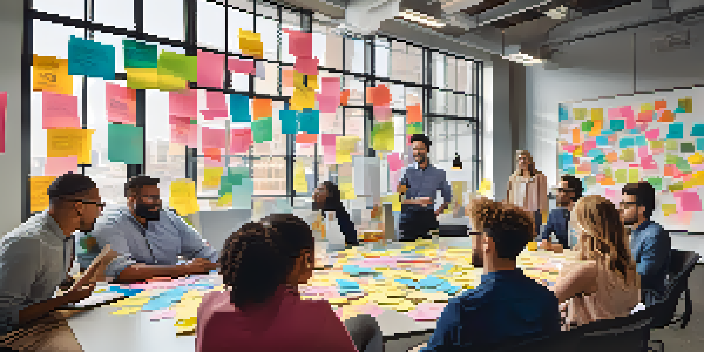 A diverse group of people in a bright office brainstorming around a table covered with sticky notes and sketches.