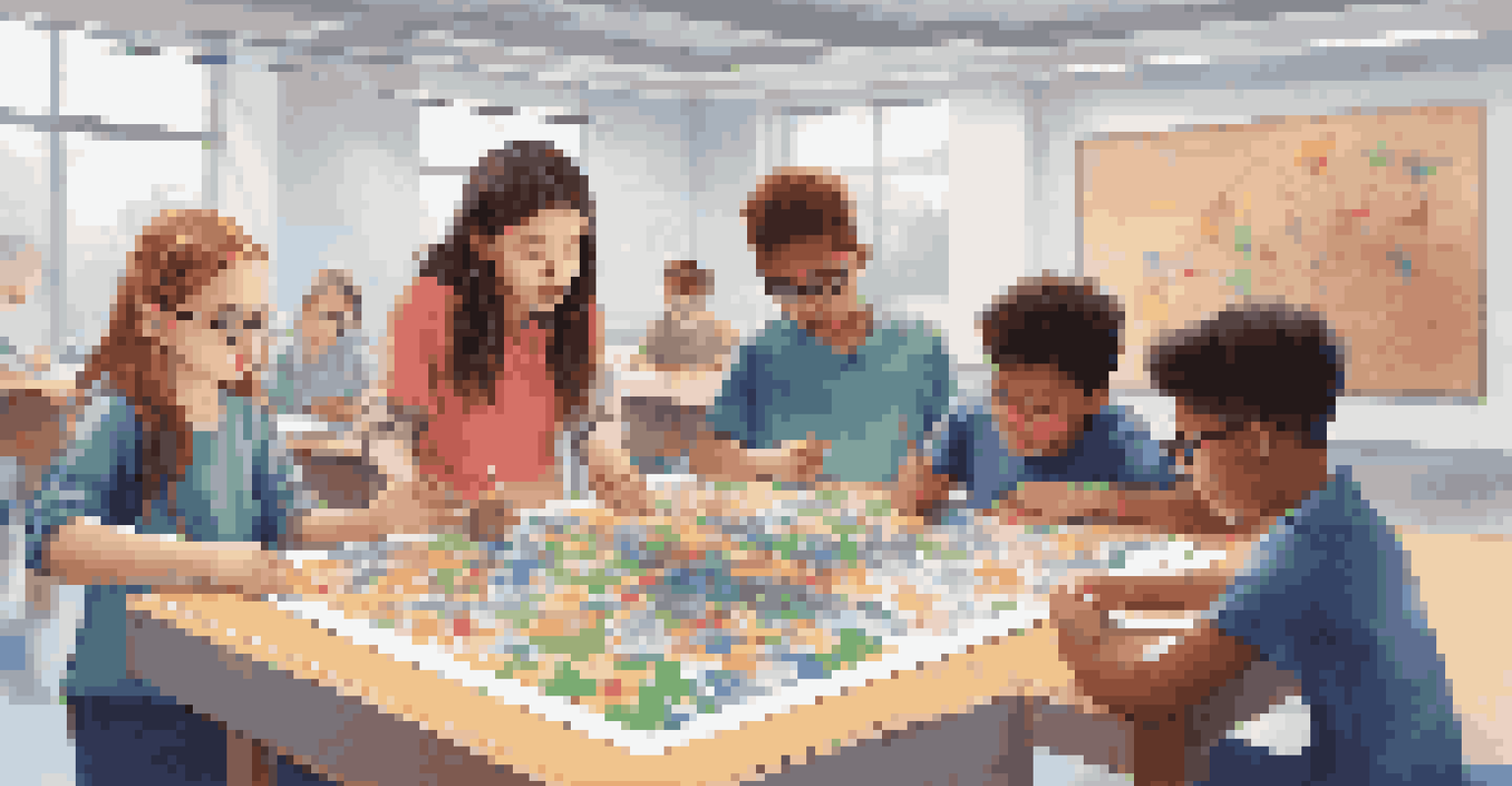 Students collaborating in an augmented reality puzzle-solving activity, emphasizing teamwork and communication.