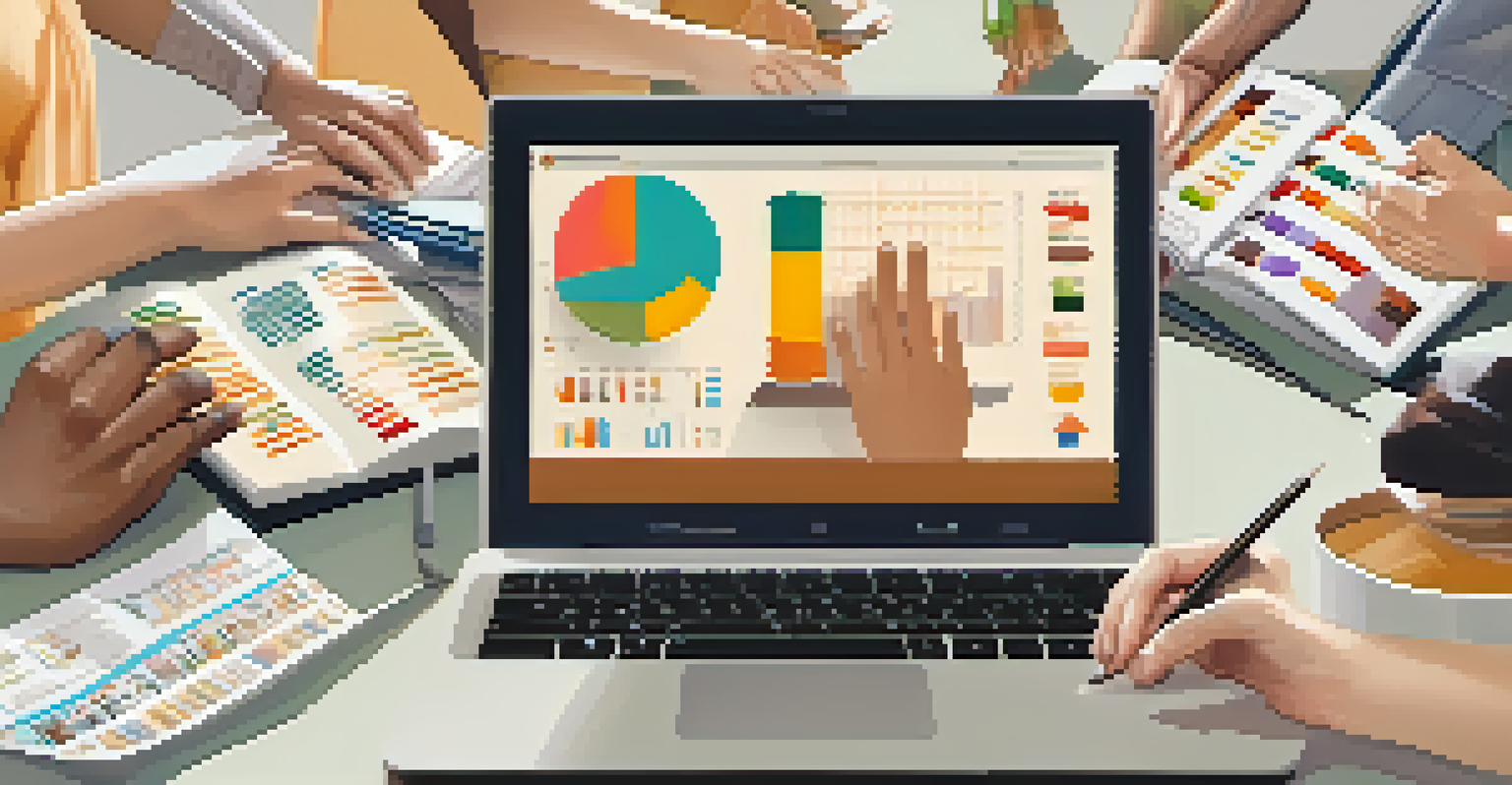 Close-up of diverse hands collaborating on a laptop with graphs displayed on the screen.