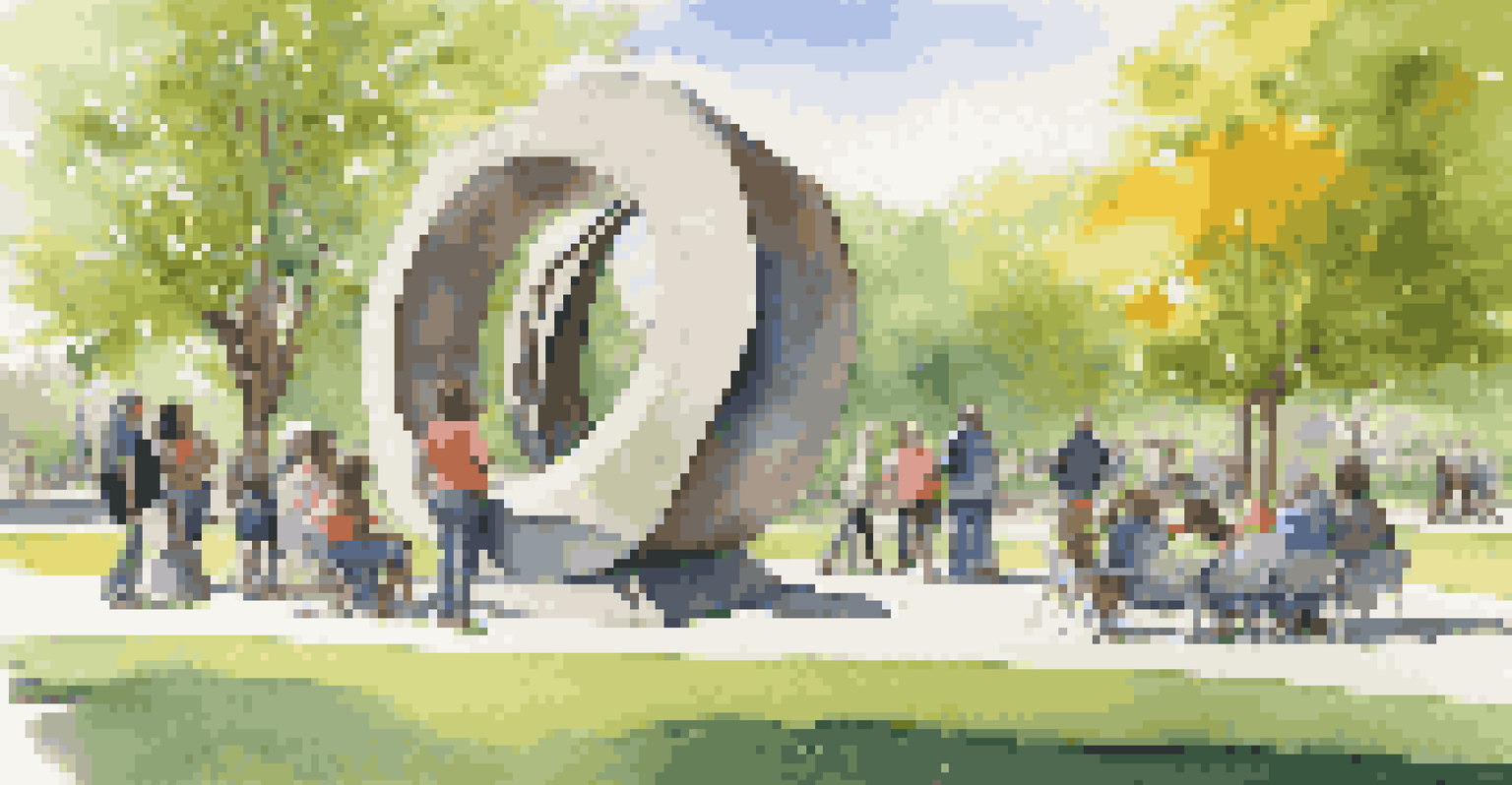 A public art installation with a large sculpture, surrounded by people discussing its significance in a sunny park.