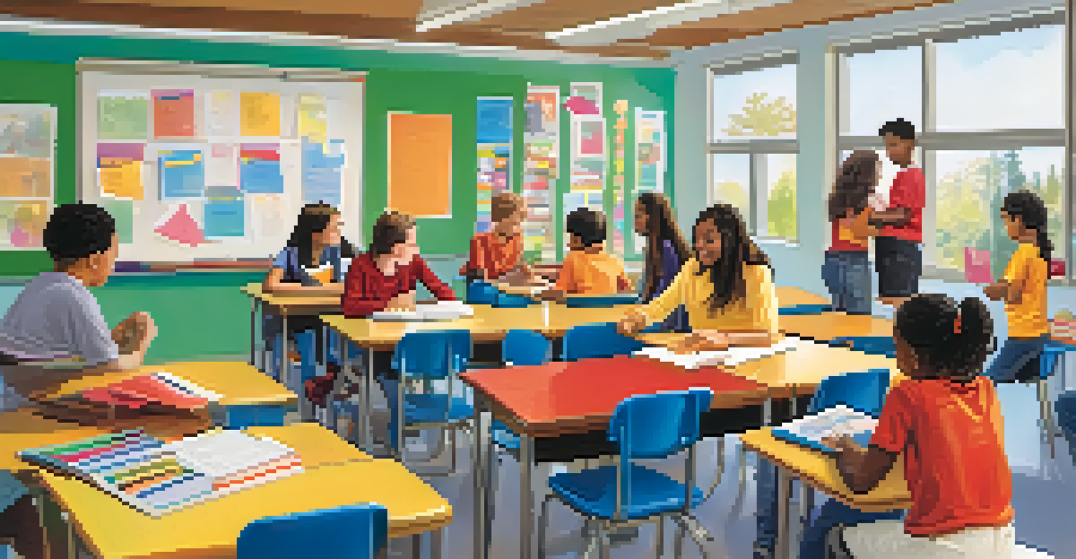 Students collaborating in a structured classroom environment with a teacher facilitating teamwork and learning.