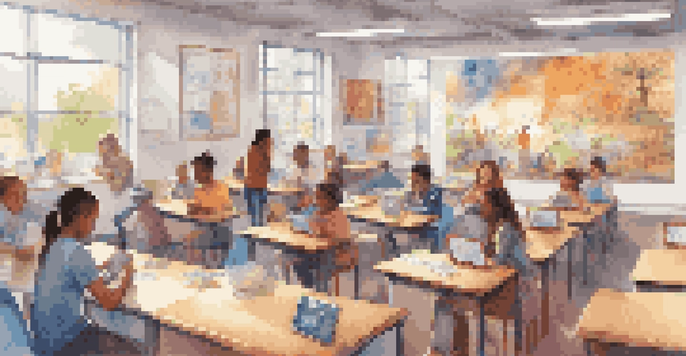 A lively classroom with diverse students interacting with technology and educational materials in a bright, welcoming environment.