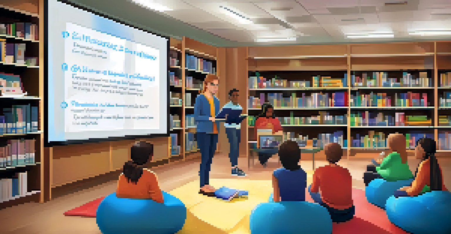 An educator teaching digital citizenship in a cozy library, with students engaged in learning.