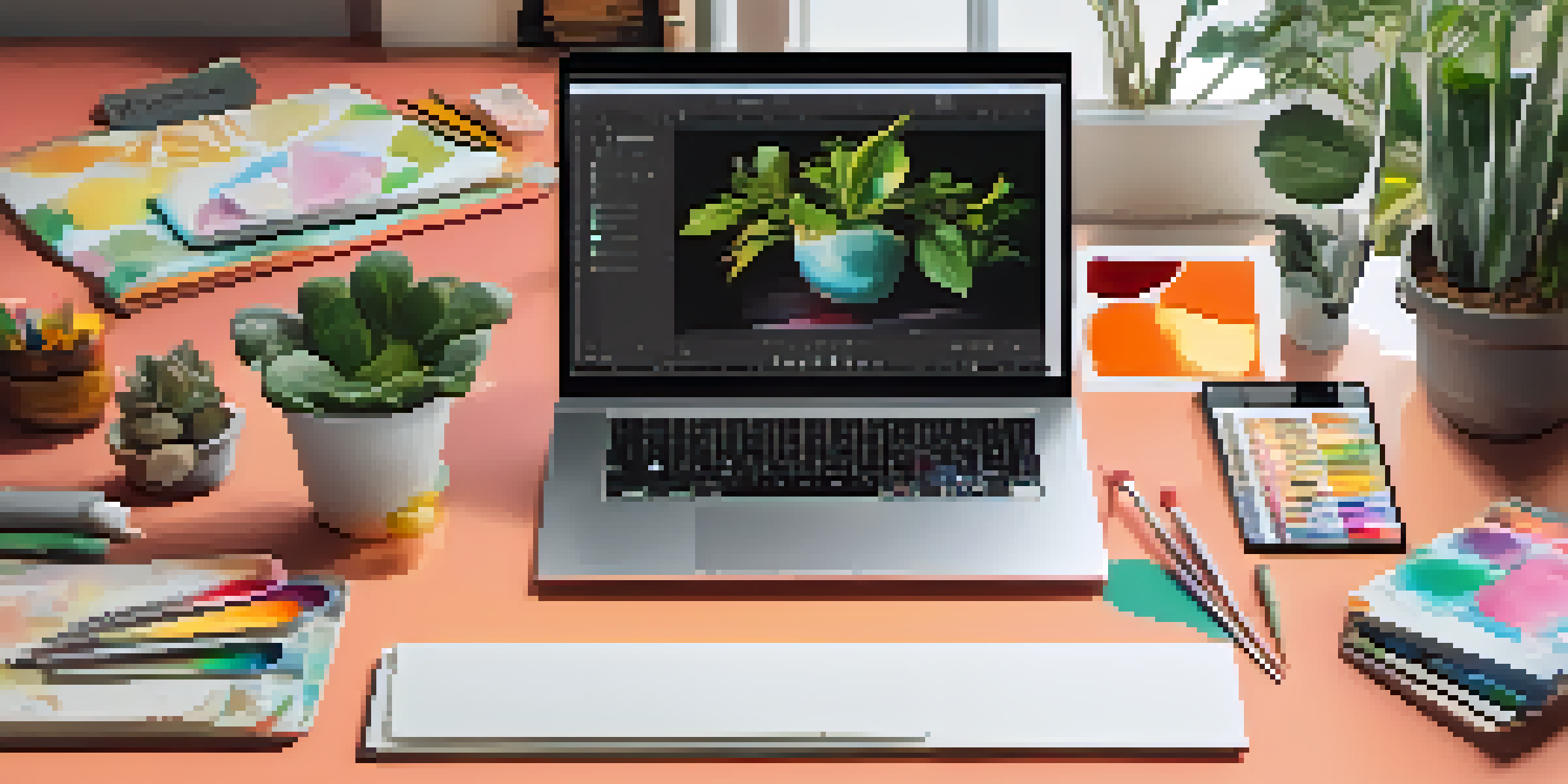 A laptop showcasing a vibrant digital portfolio surrounded by colorful design tools in a bright creative workspace.