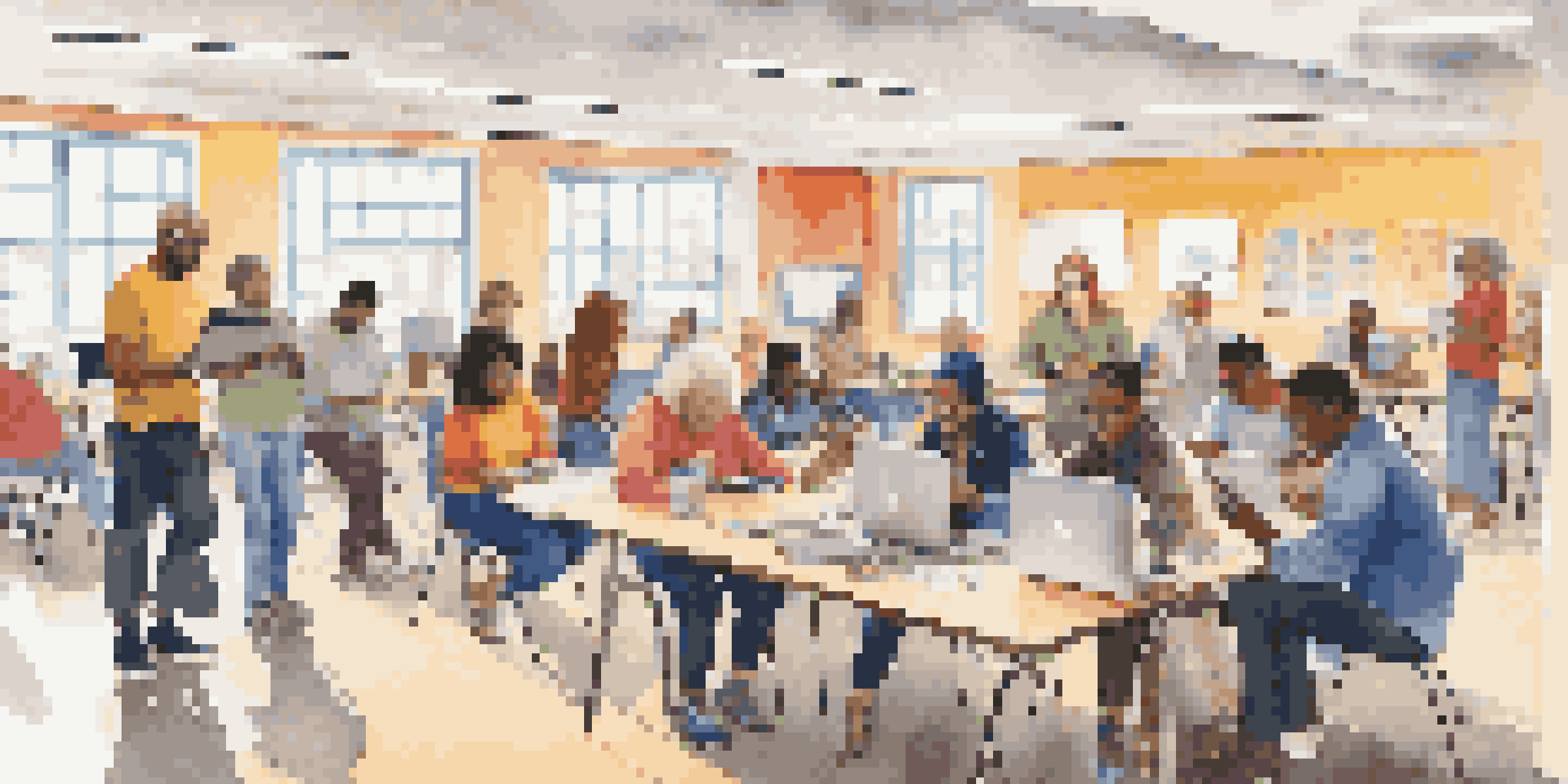 A group of diverse individuals engaging in a digital literacy workshop using mobile devices in a community center.
