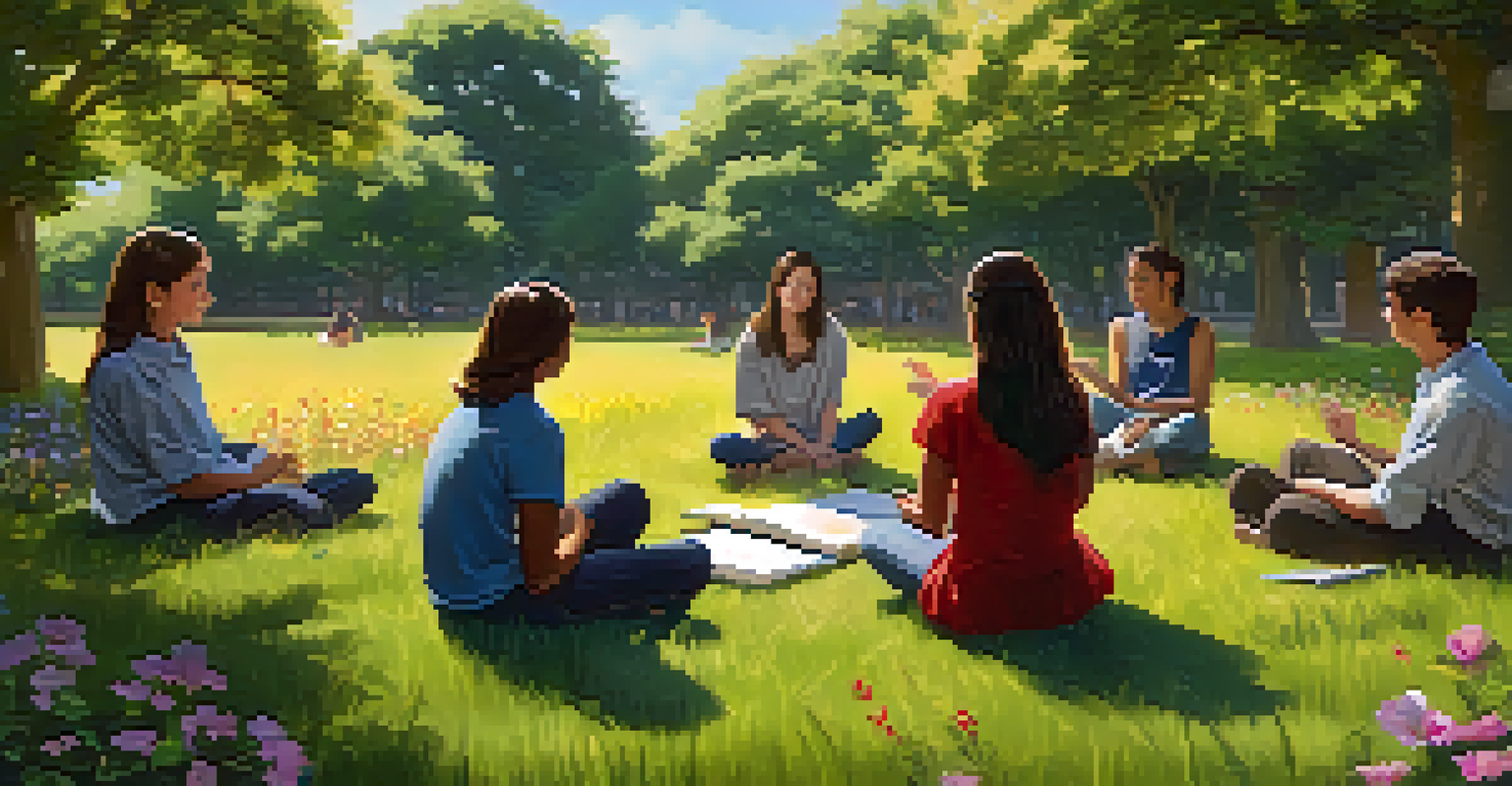 A group of students sitting outside, sharing stories and engaging in creative expression in a natural setting.