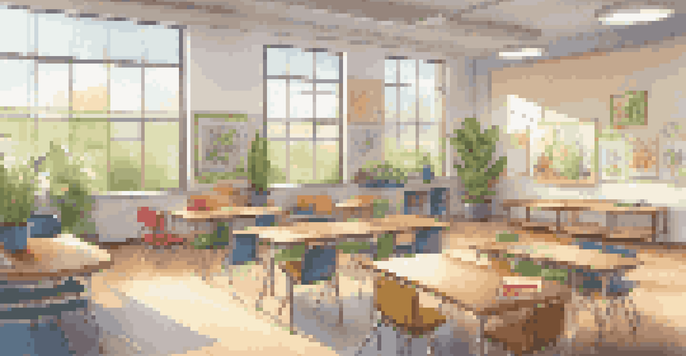 A vibrant classroom with natural light, plants, and colorful artwork, featuring flexible seating and students collaborating on projects.