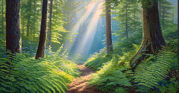A tranquil forest with sunlight shining through trees, highlighting green ferns and wildflowers along a winding path.