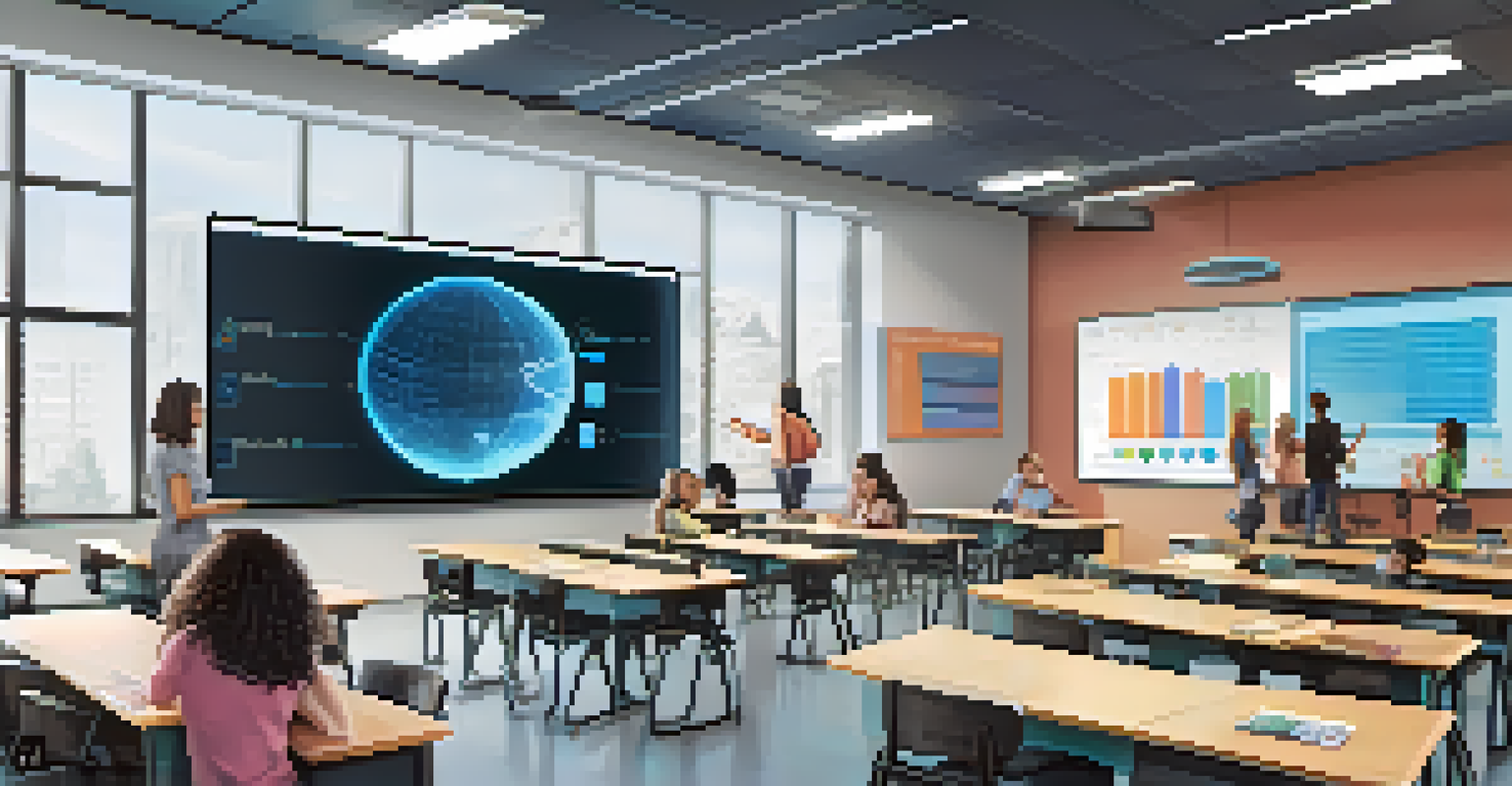 A modern classroom featuring technology and students engaged in personalized learning, with a teacher using a digital dashboard.