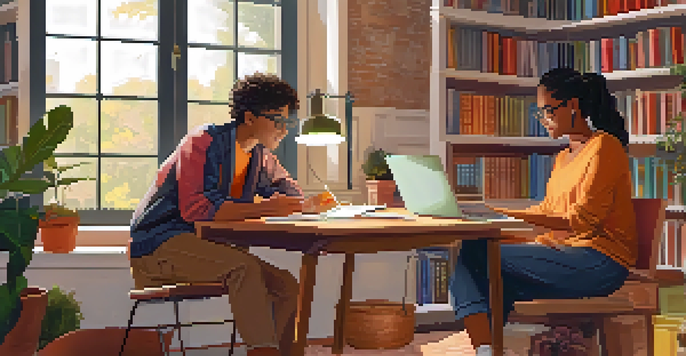 A mentor and a mentee in a cozy study room discussing over a laptop, surrounded by books and plants.