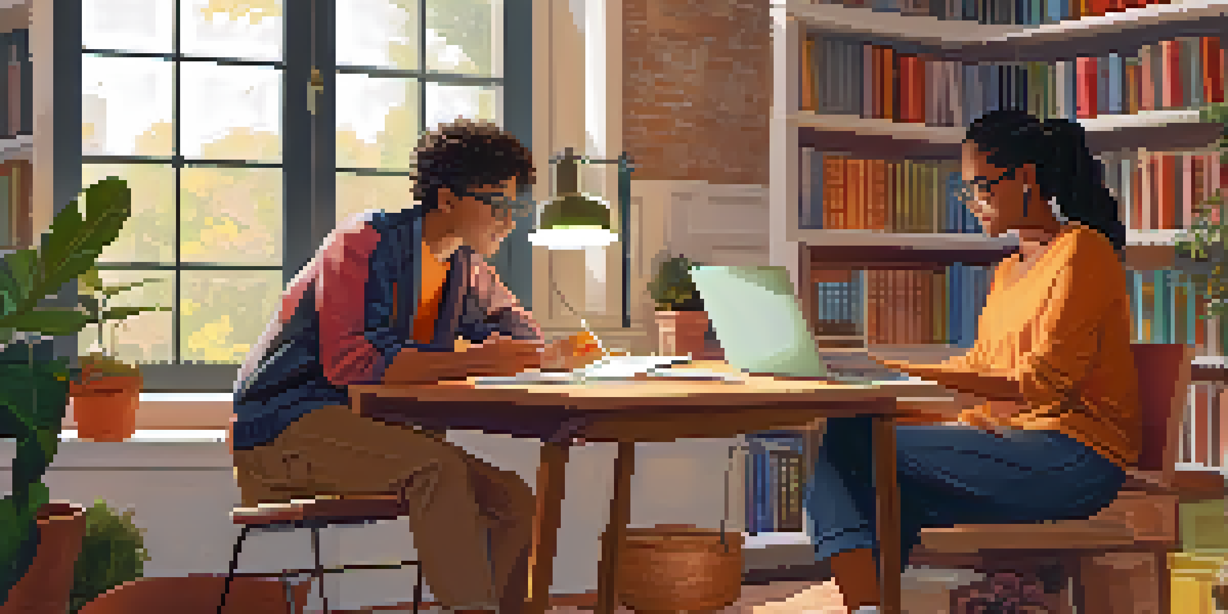 A mentor and a mentee in a cozy study room discussing over a laptop, surrounded by books and plants.