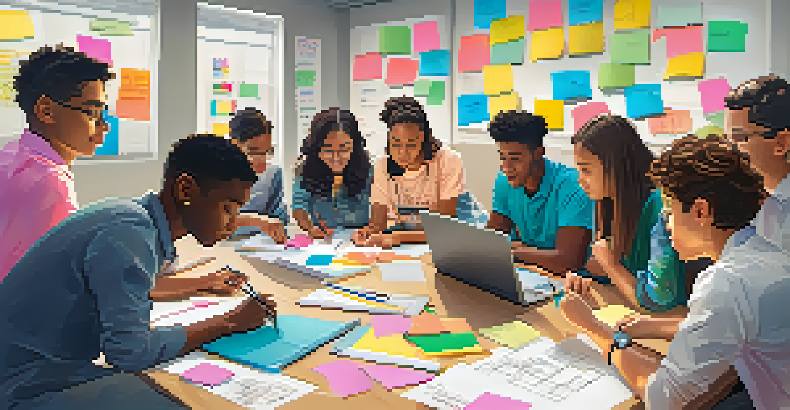 A group of students working together on a project in a bright classroom, surrounded by laptops, notepads, and colorful sticky notes.