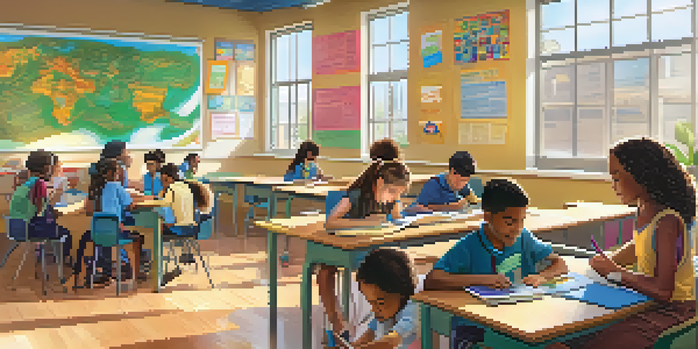 A colorful classroom with students using tablets, collaborating, and a teacher assisting a student, filled with natural light.