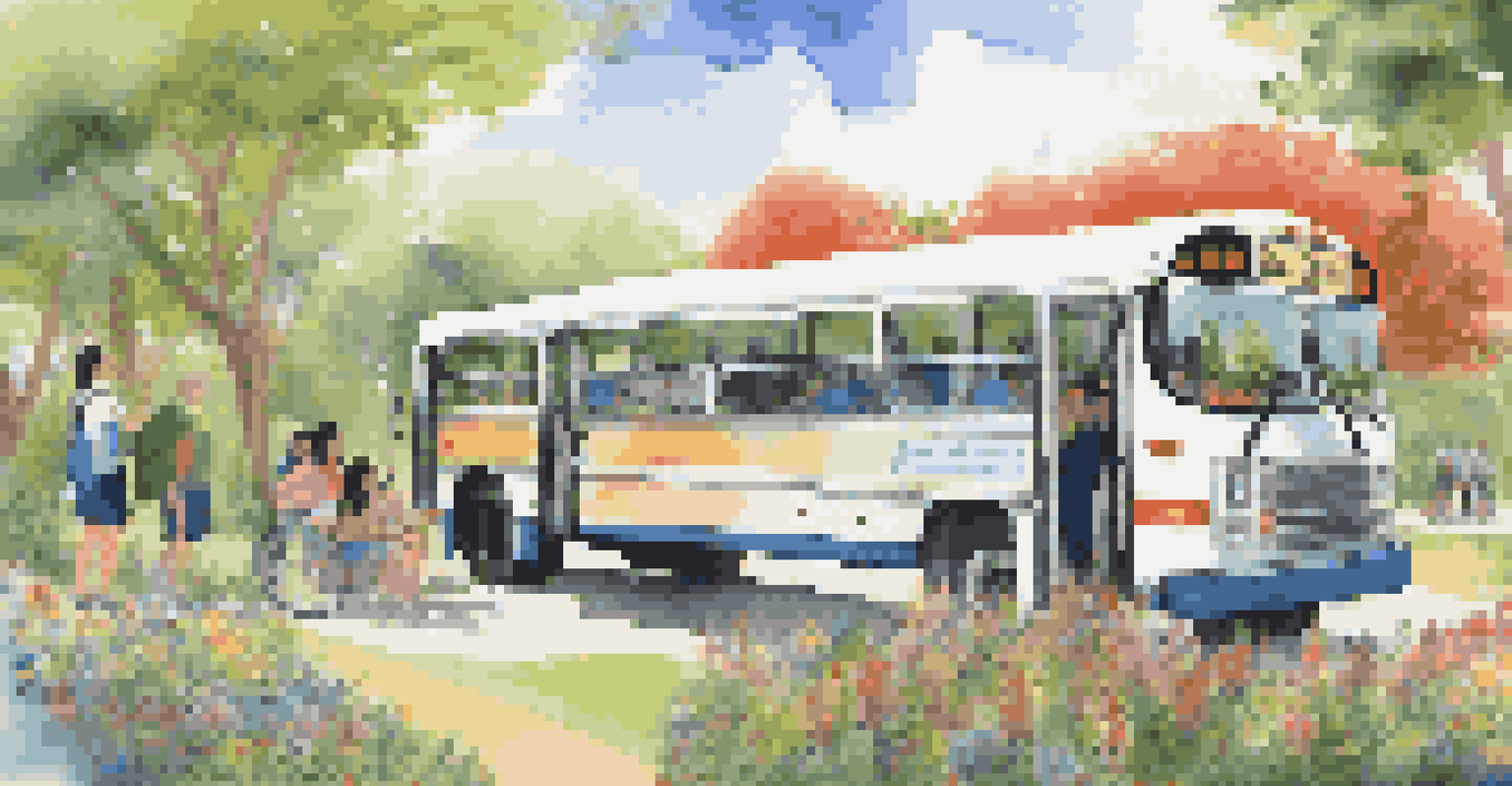 An eco-friendly bus at a botanical garden, with students preparing for a field trip and a sustainability banner on the bus.