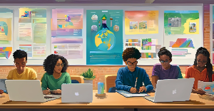 A diverse group of students participating in an online class, focused on their laptops in a well-lit room with educational posters.