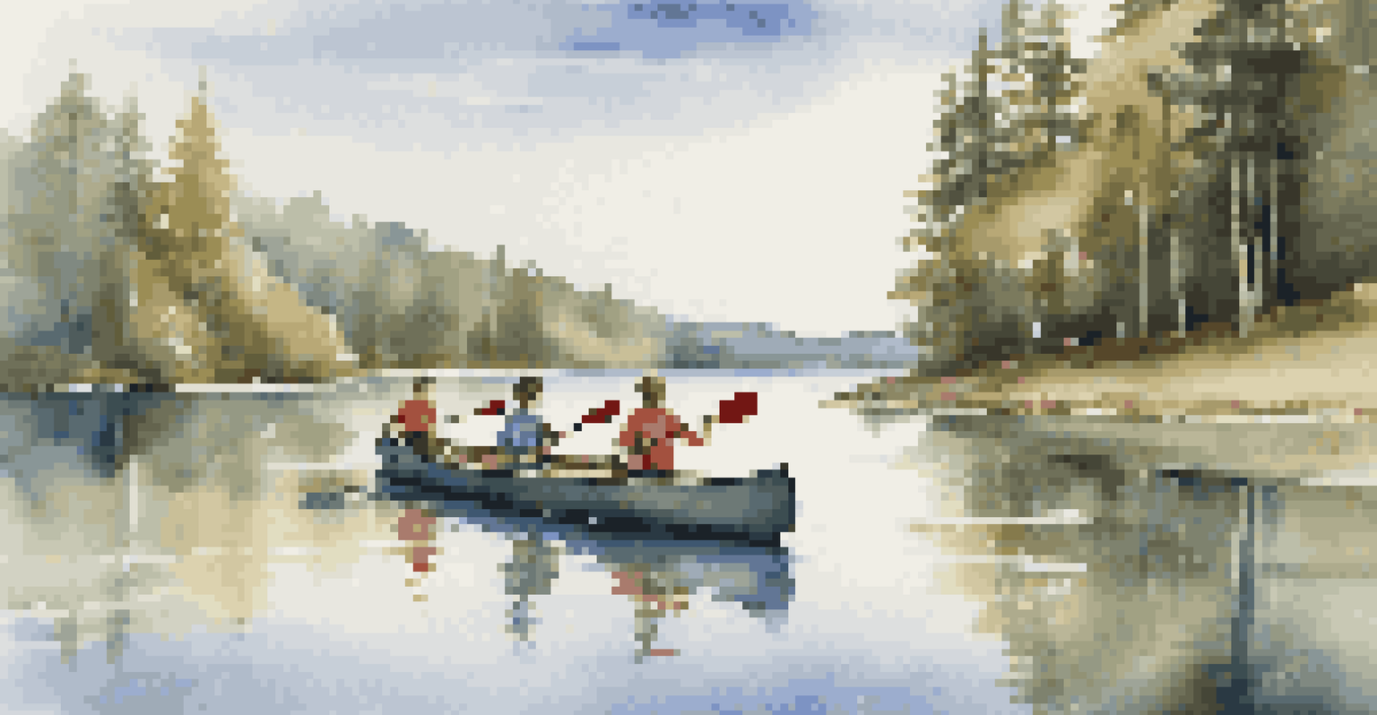 Teenagers enjoying a canoeing lesson on a peaceful lake, working together to paddle amidst a backdrop of trees and a clear blue sky.