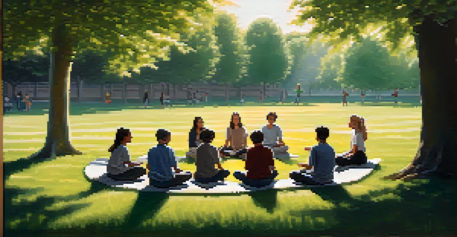 Students sitting in a circle on a grassy field participating in a mindfulness session led by a teacher under trees.