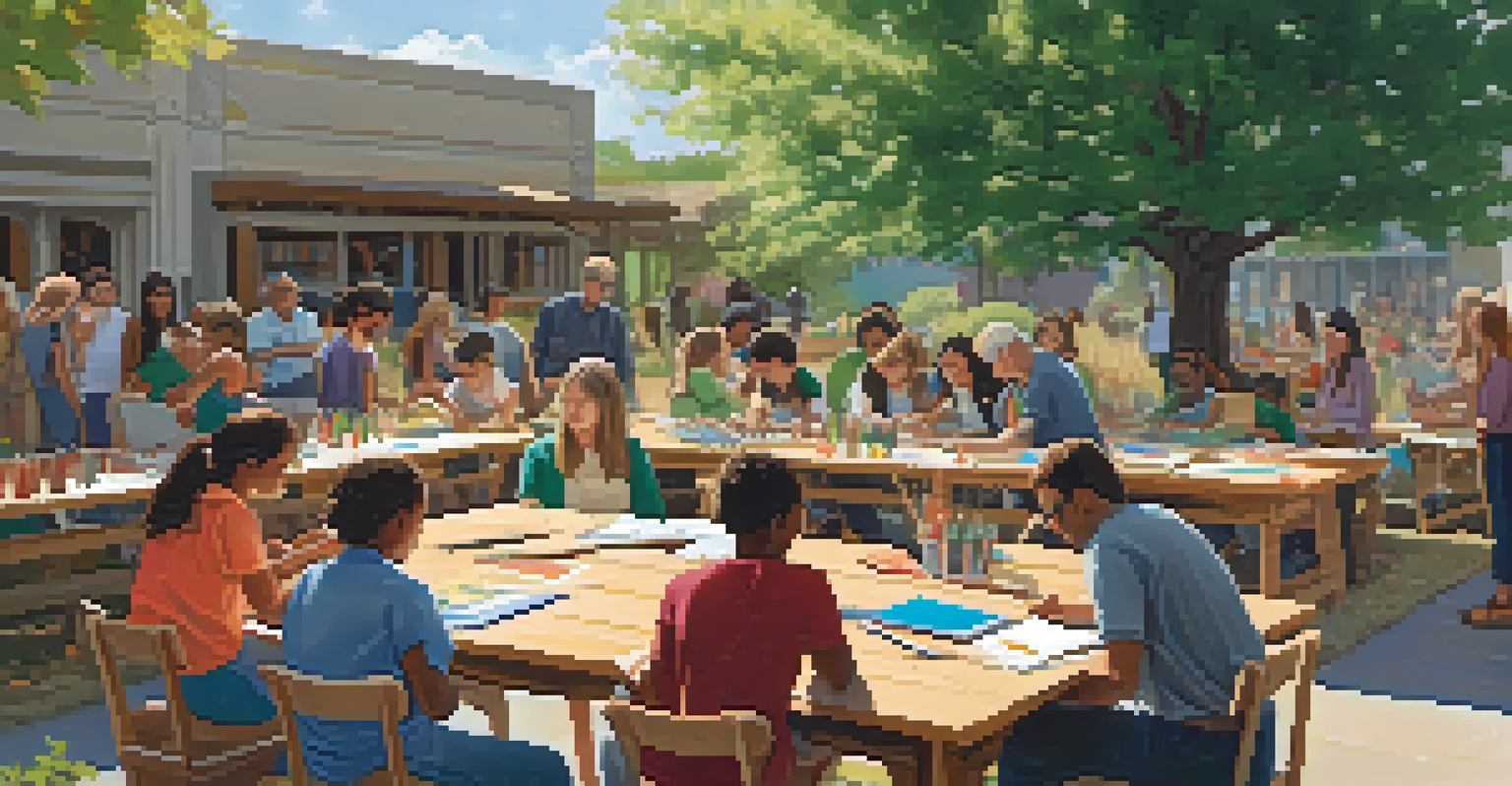 An outdoor learning space with a wooden table where people are engaged in a creative workshop, surrounded by trees.