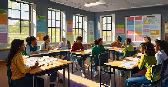 A lively classroom with students participating in a group discussion, a teacher guiding them, and sunlight illuminating the room.