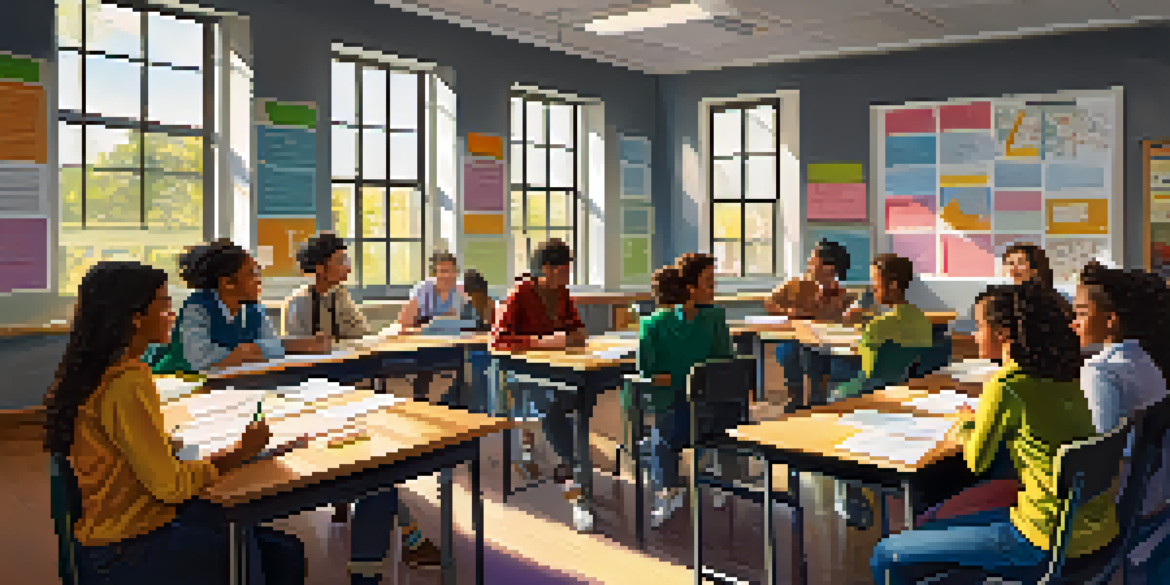 A lively classroom with students participating in a group discussion, a teacher guiding them, and sunlight illuminating the room.