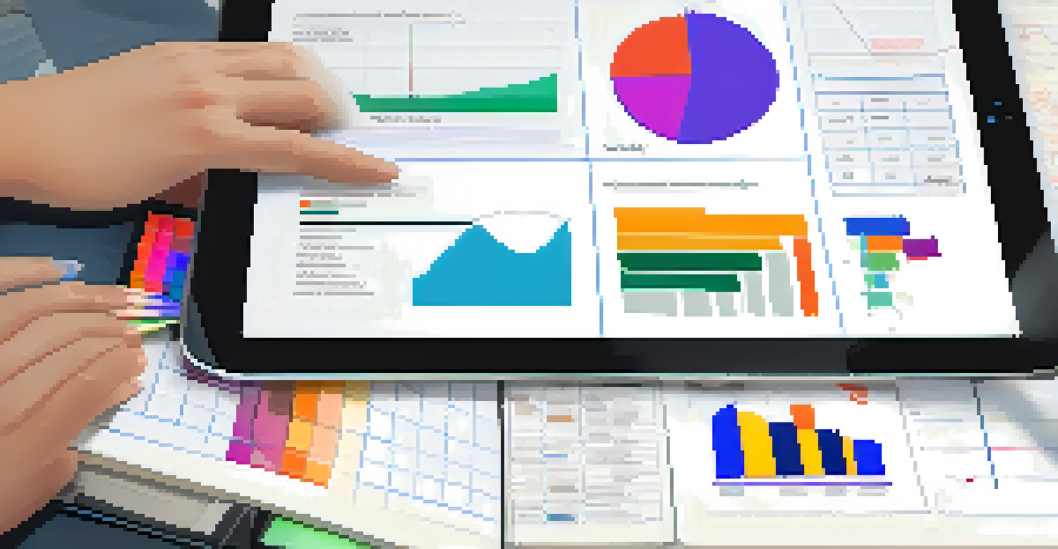 A close-up of a student's hands on a tablet, analyzing colorful graphs and charts in a cozy study environment.