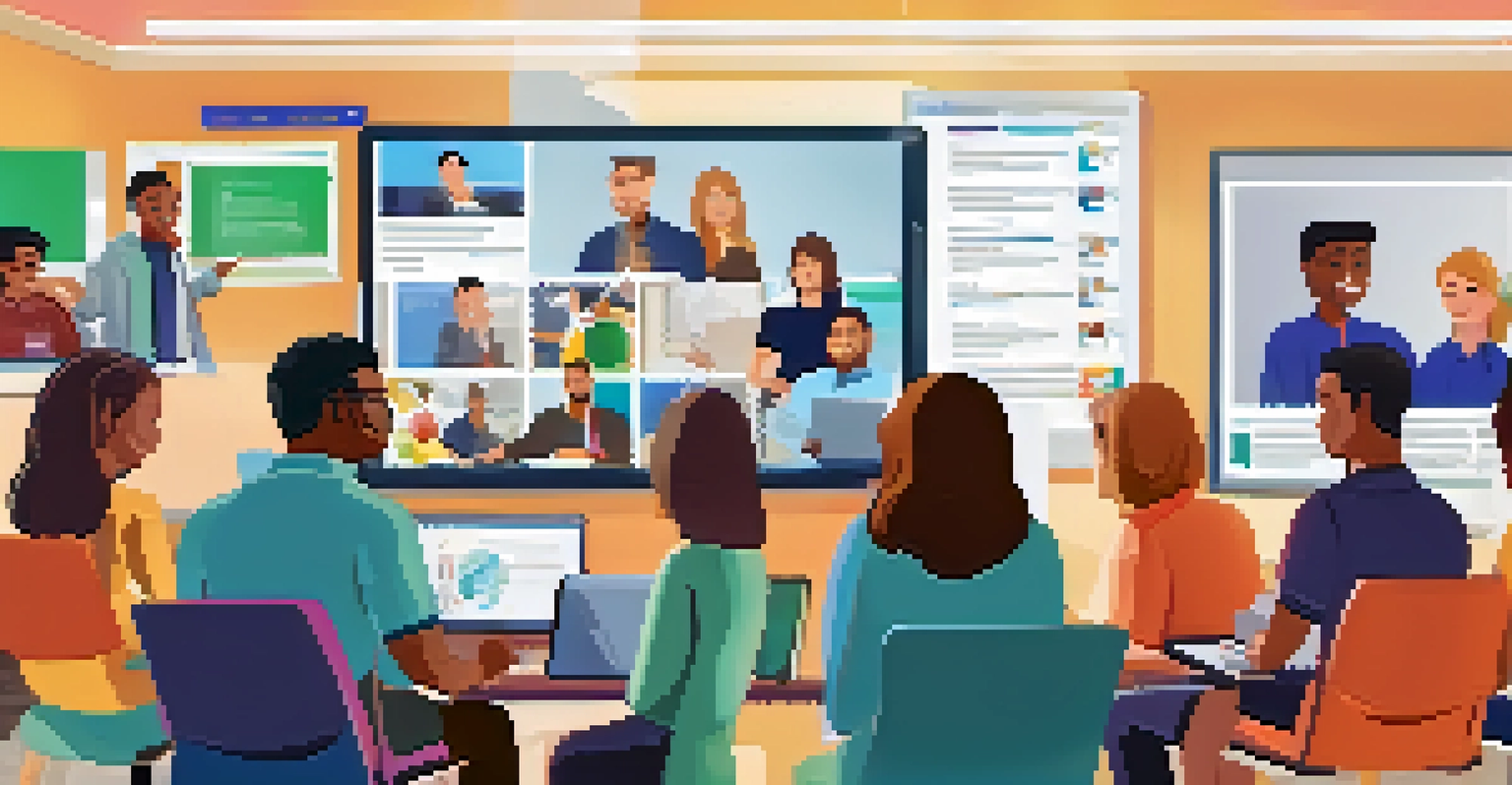 A group of diverse adults engaged in a video conference for mobile learning, smiling and interacting in a bright, modern room.