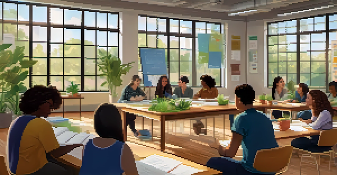 A diverse group of educators participating in a workshop in a bright and inviting classroom filled with educational materials and plants.