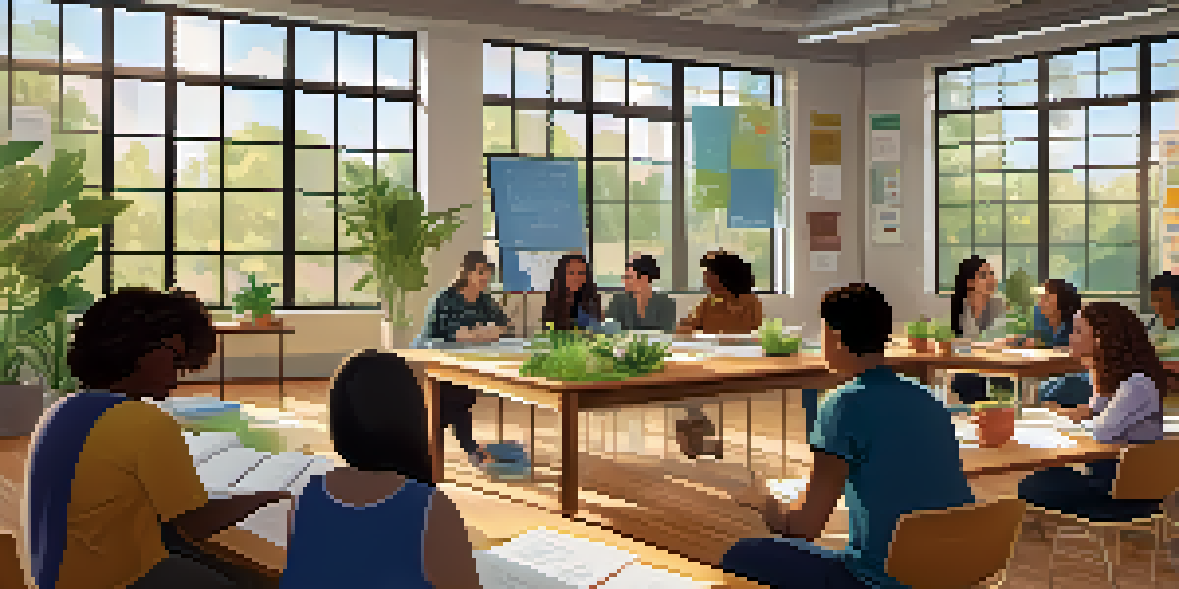 A diverse group of educators participating in a workshop in a bright and inviting classroom filled with educational materials and plants.