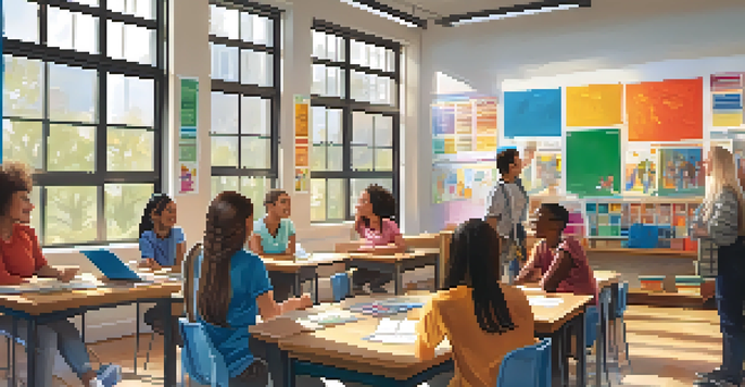 A diverse group of students actively participating in a classroom discussion, with vibrant classroom decor and natural light.