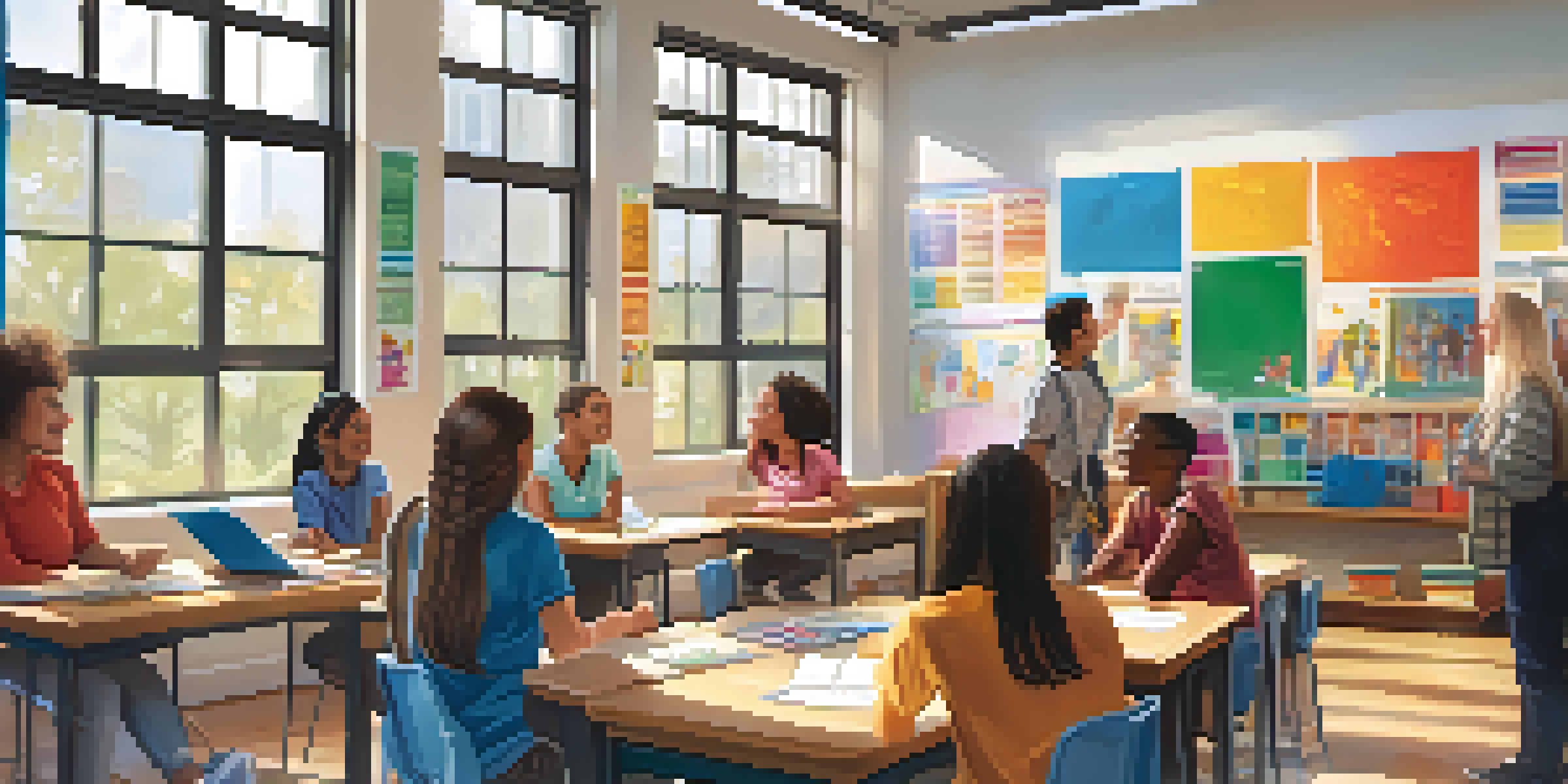 A diverse group of students actively participating in a classroom discussion, with vibrant classroom decor and natural light.