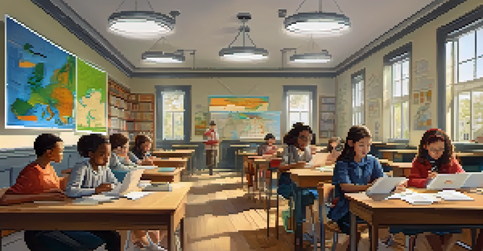 A colorful classroom filled with diverse students using tablets and smartphones for collaborative learning, engaging in discussions and projects.