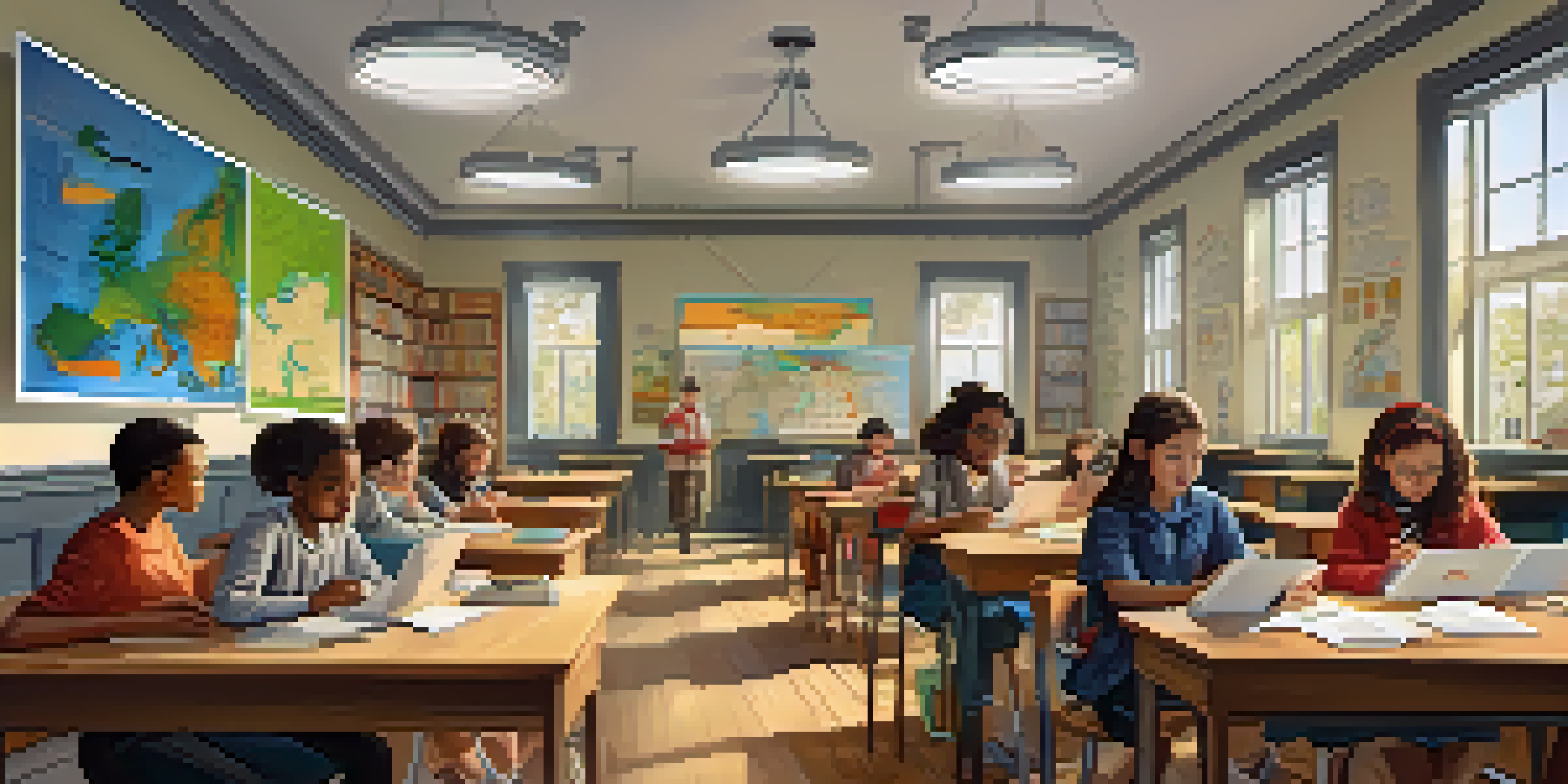 A colorful classroom filled with diverse students using tablets and smartphones for collaborative learning, engaging in discussions and projects.