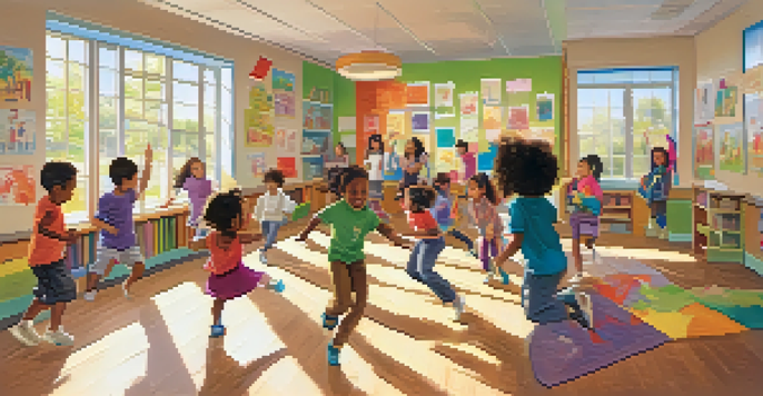 A lively classroom scene with children actively participating in movement-based learning activities, surrounded by colorful educational materials.