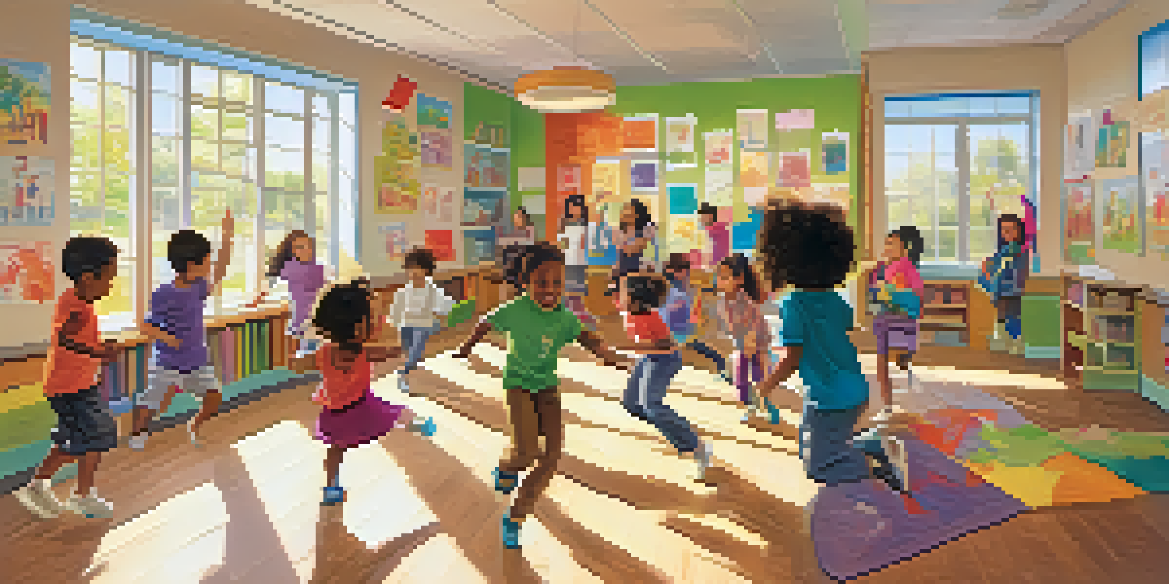 A lively classroom scene with children actively participating in movement-based learning activities, surrounded by colorful educational materials.