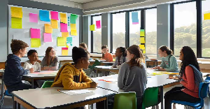 Students collaborating in a bright classroom with a whiteboard covered in sticky notes.