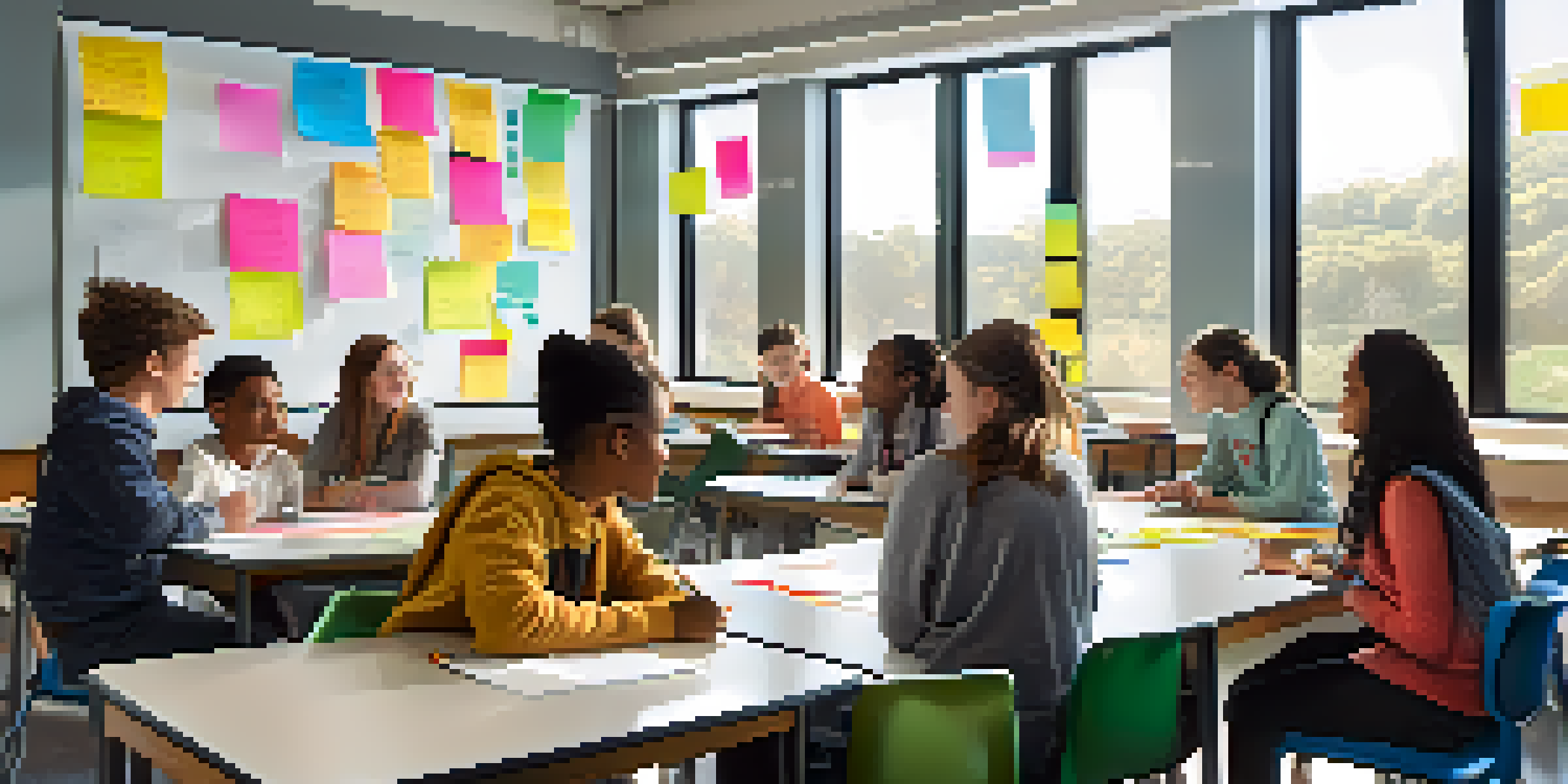 Students collaborating in a bright classroom with a whiteboard covered in sticky notes.