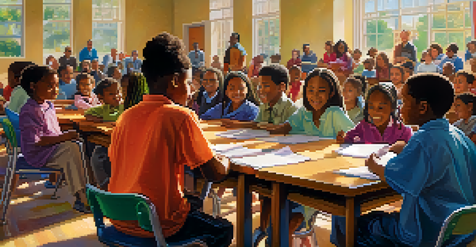 A lively community meeting in a school auditorium with diverse participants discussing educational initiatives.