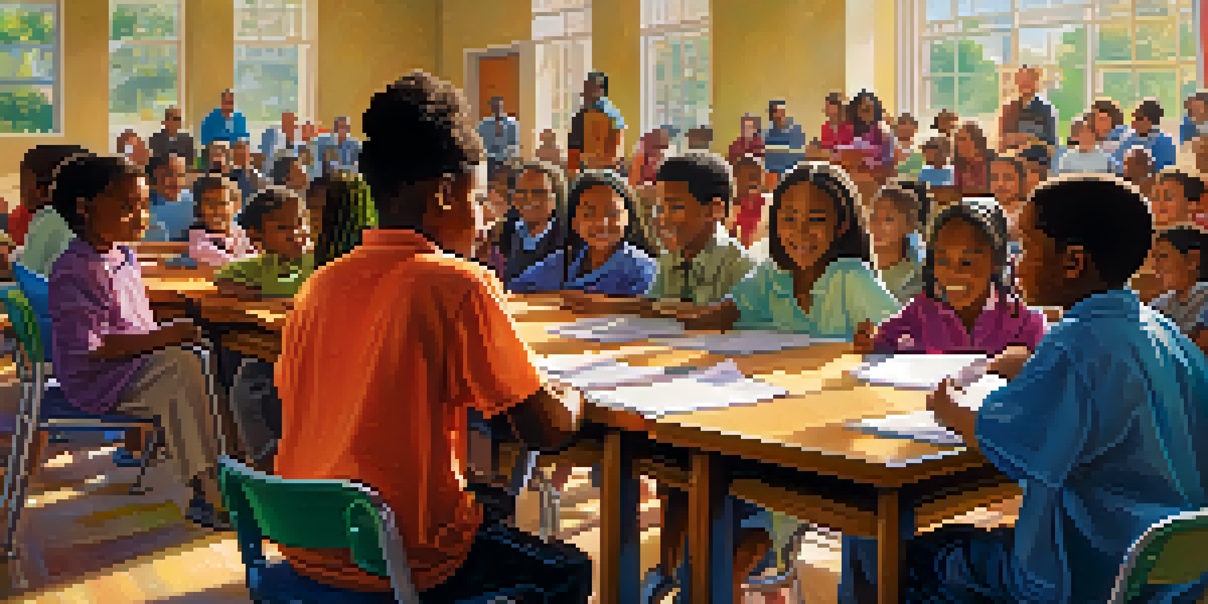 A lively community meeting in a school auditorium with diverse participants discussing educational initiatives.