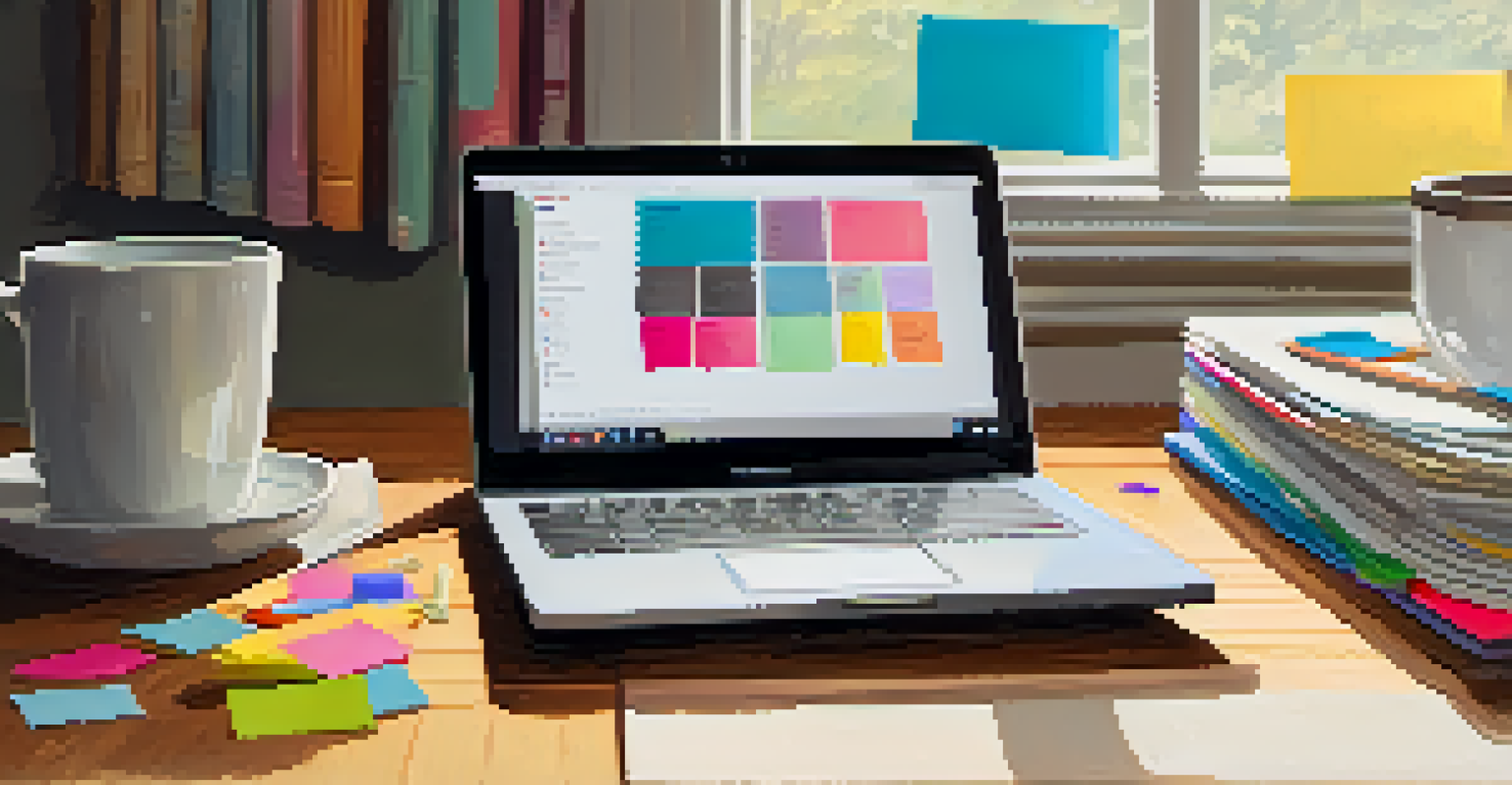 A bright workspace with a laptop and colorful notes, ideal for studying and organizing research.