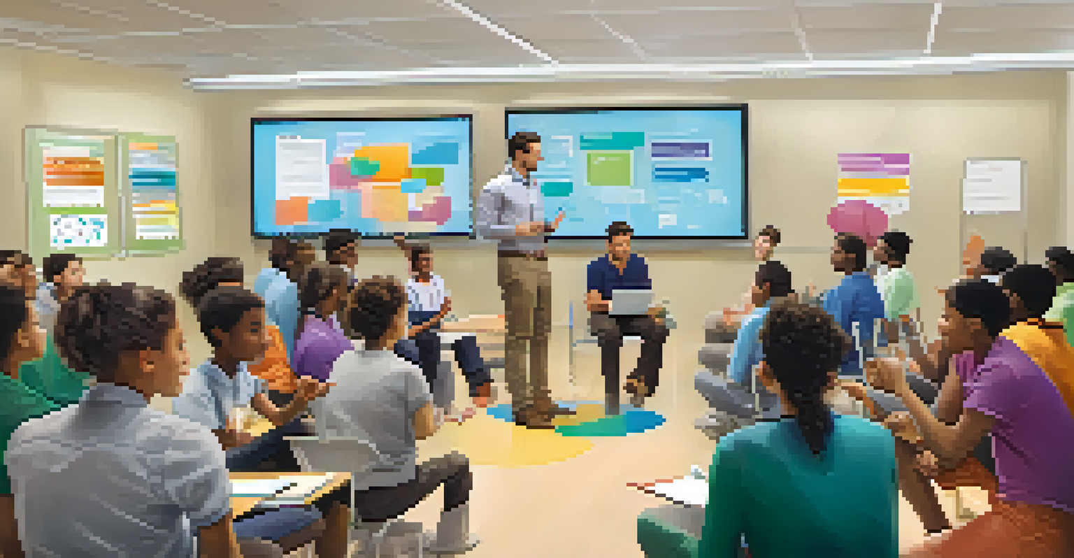 An instructor leading a peer feedback session with students discussing in small groups.