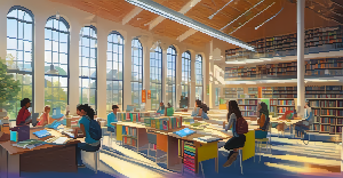 A lively library scene with students of different backgrounds interacting with various educational materials in a sunlit space.