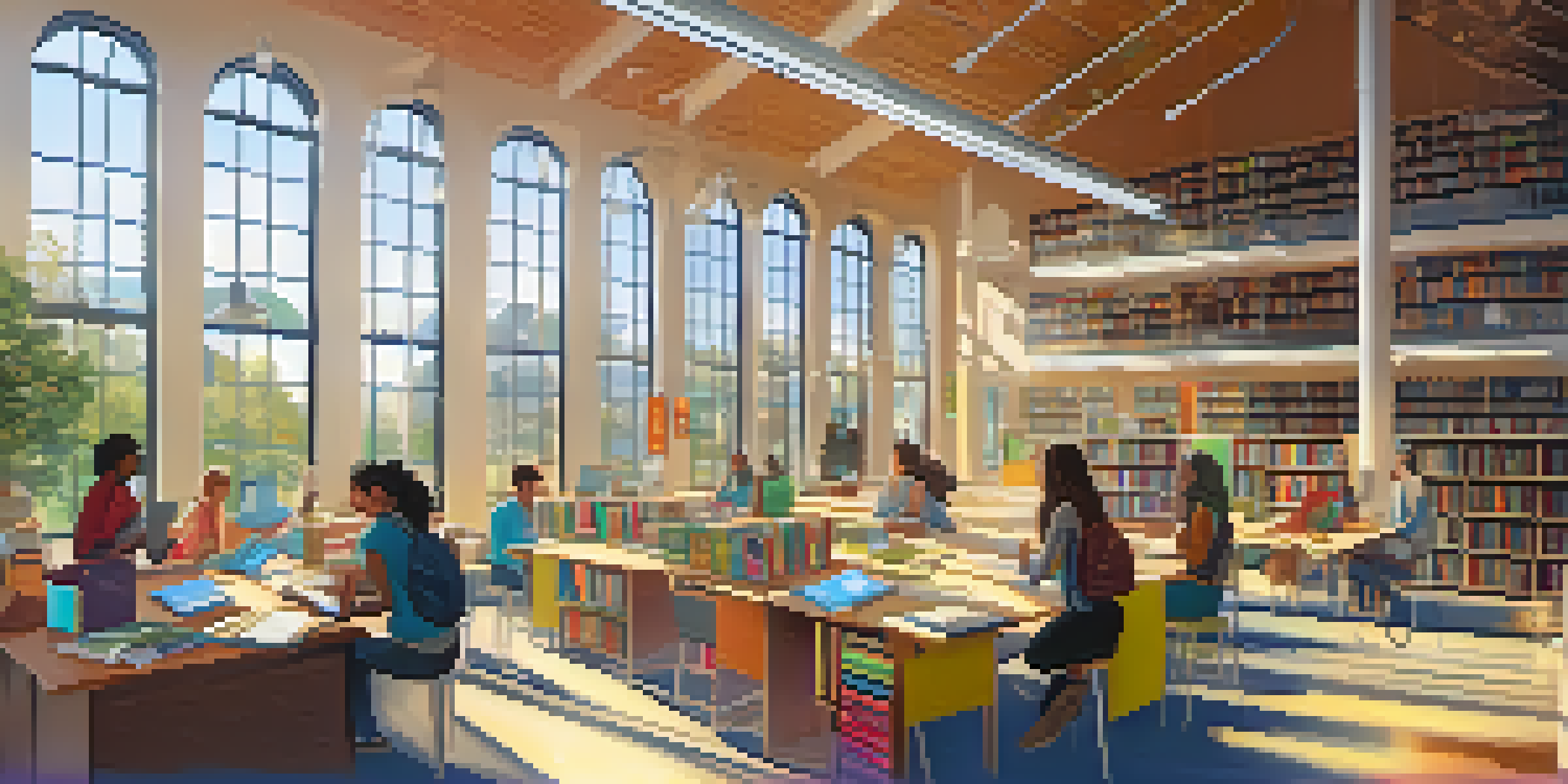 A lively library scene with students of different backgrounds interacting with various educational materials in a sunlit space.