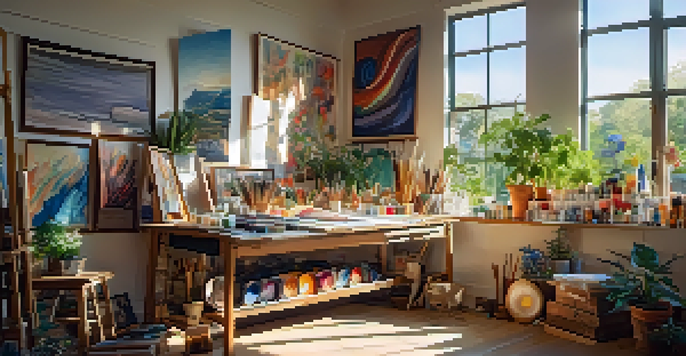 An art studio with colorful crafting materials and sunlight streaming through windows, illuminating various art projects on a wooden table.